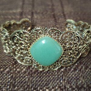 Vintage 1950s Chinese Export Green Jade Sterling Gold Vermeil Filigree Bracelet